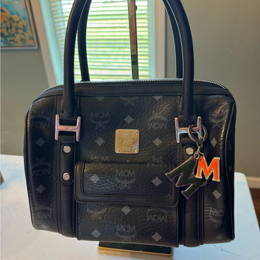 MCM Black Leather Boston Bag